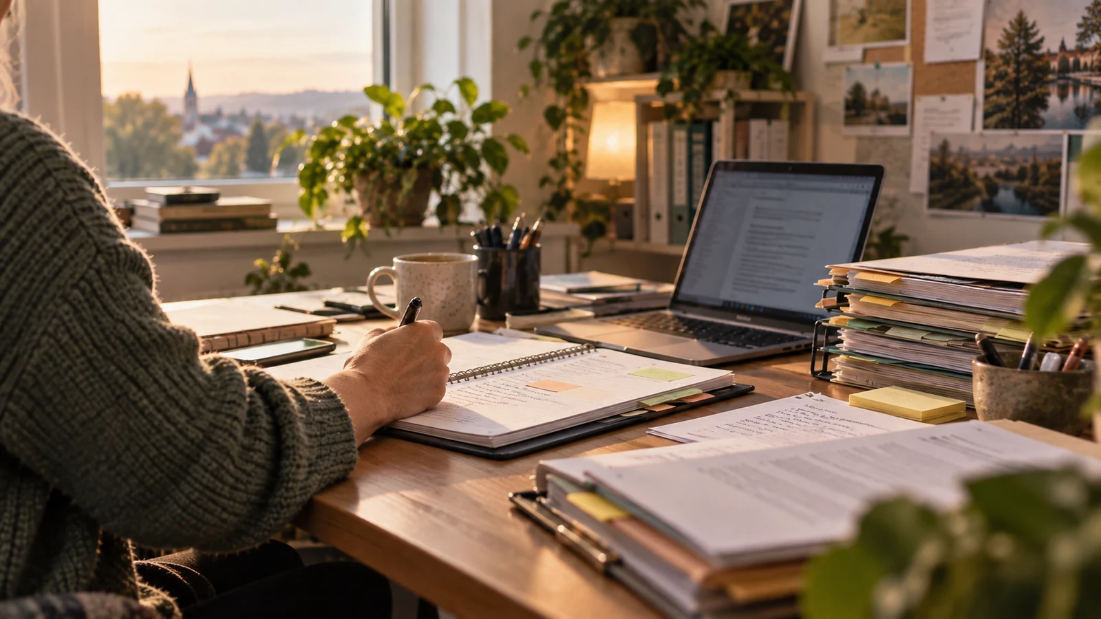 Arbeitsplatz mit Laptop, Notizen und Unterlagen für Planung und Dokumentation.